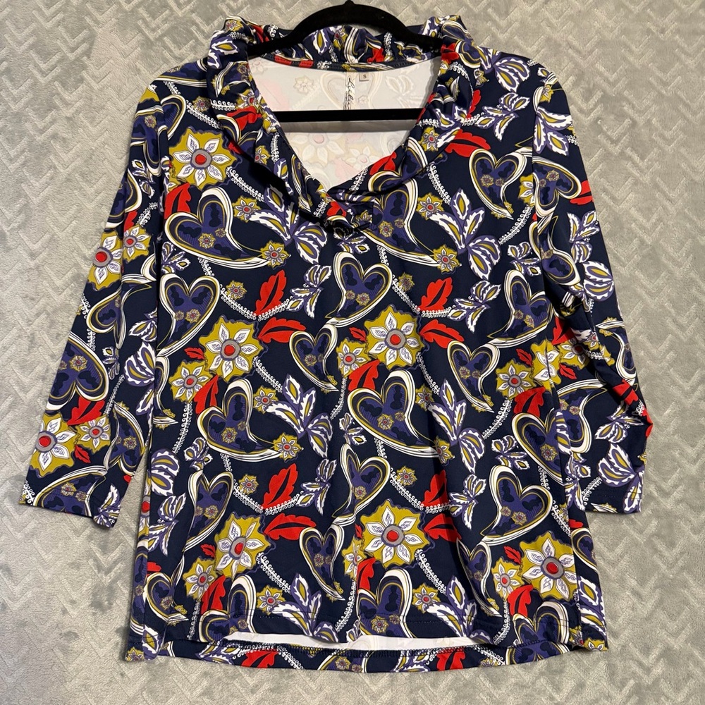 Lulu-B Navy Floral Scroll Print Ruffle Neck 3/4 Sleeve Top Size Small